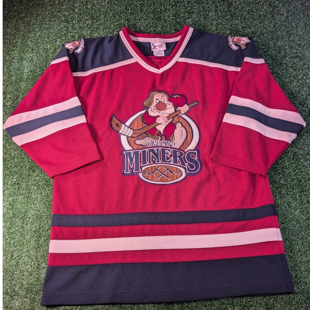 Disney World Grumpy Miners Hockey Jersey Mens Medium Red Navy Blue 37 Vintage